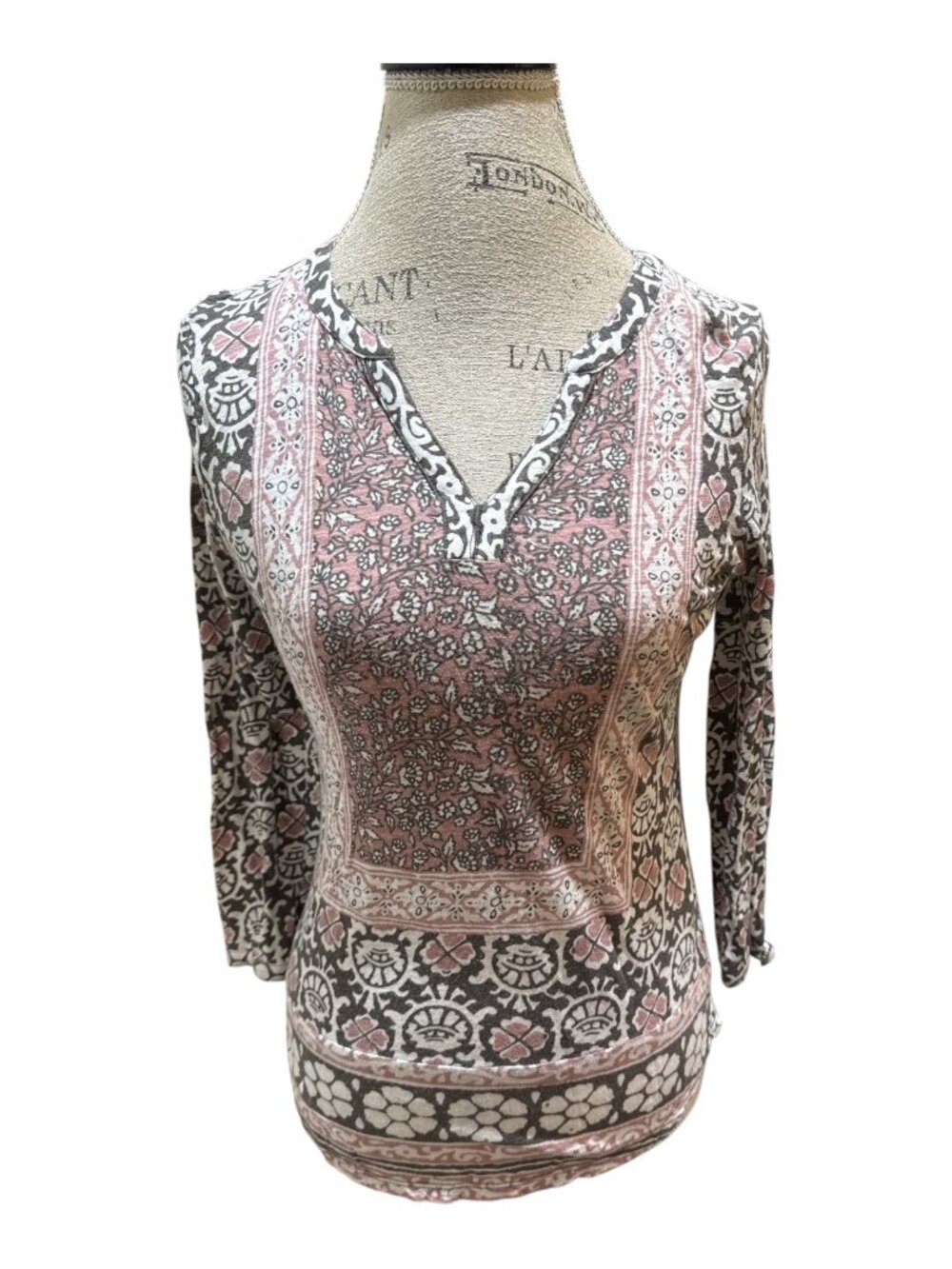 Lucky Brand Sz XS Pink & Gray Floral Multi-Pattern V-Neck 3/4 Sleeve Top